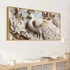 Royal White and Golden Peacock in Blooming Floral Garden 3D Canvas Wall Painting