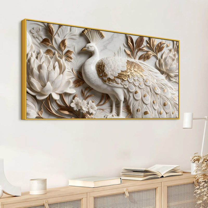 Royal White and Golden Peacock in Blooming Floral Garden 3D Canvas Wall Painting