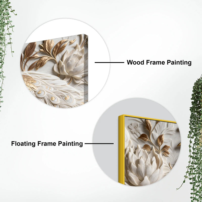 Royal White and Golden Peacock in Blooming Floral Garden 3D Canvas Wall Painting