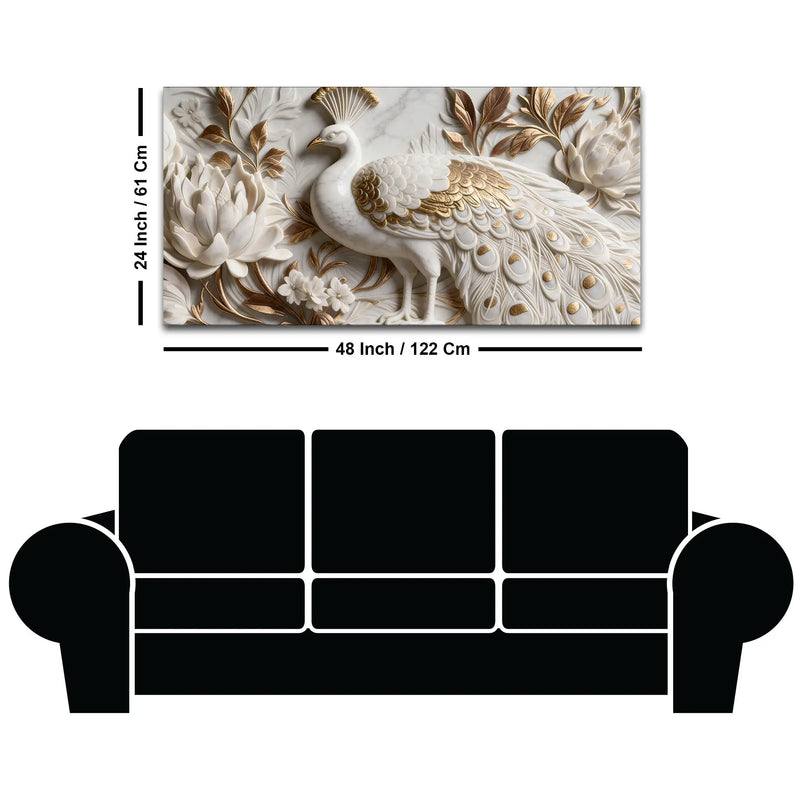 Royal White and Golden Peacock in Blooming Floral Garden 3D Canvas Wall Painting
