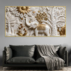 Royal White Elephant in Golden Floral Garden 3D Canvas Wall Painting
