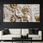 Royal White Elephant in Golden Floral Garden 3D Canvas Wall Painting