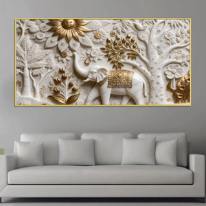 Royal White Elephant in Golden Floral Garden 3D Canvas Wall Painting