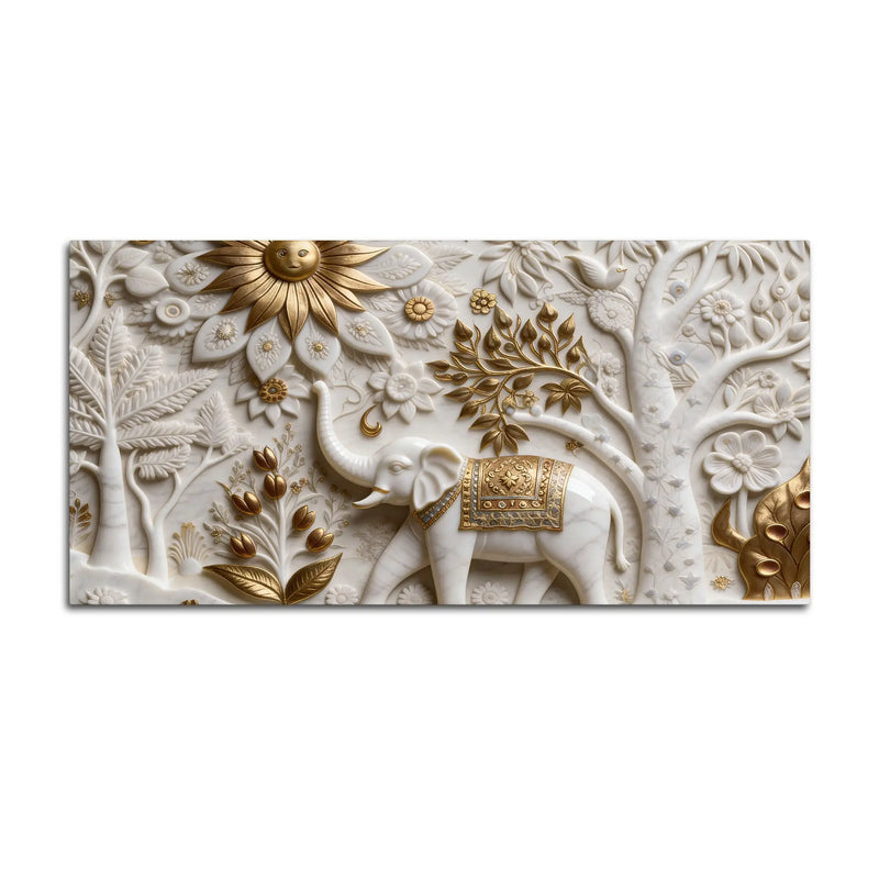 Royal White Elephant in Golden Floral Garden 3D Canvas Wall Painting