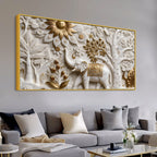 Royal White Elephant in Golden Floral Garden 3D Canvas Wall Painting