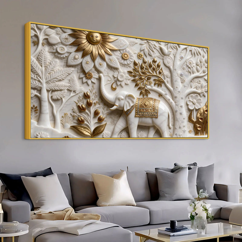 Royal White Elephant in Golden Floral Garden 3D Canvas Wall Painting