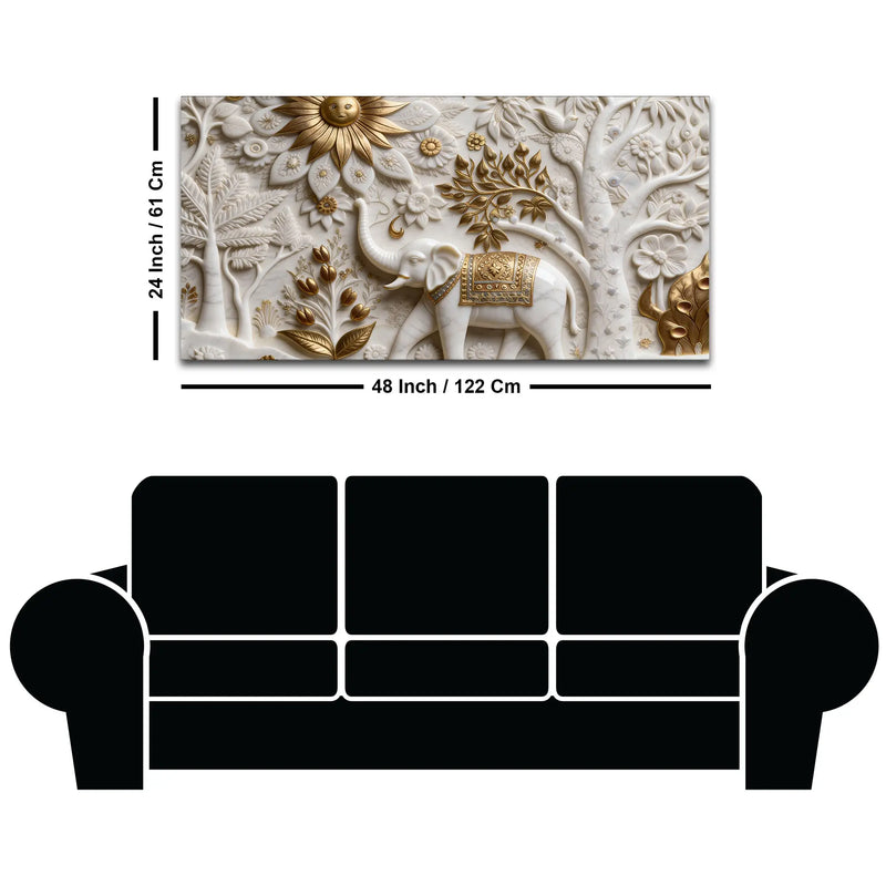 Royal White Elephant in Golden Floral Garden 3D Canvas Wall Painting
