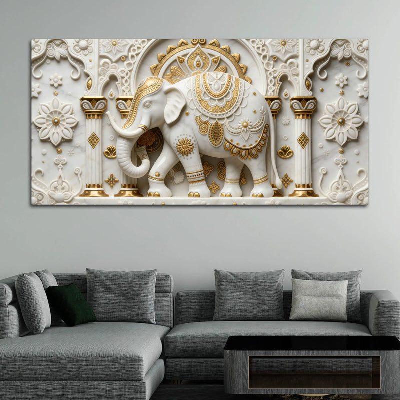 Royal White Elephant in Ornate Palace 3D Canvas Wall Painting