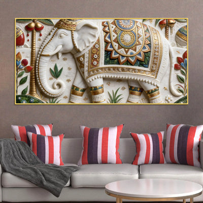 Royal White Elephant with Colorful Mandala 3D Canvas Wall Painting