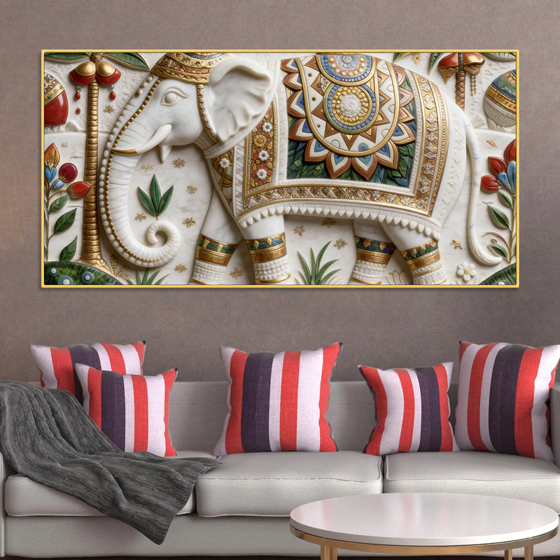 Royal White Elephant with Colorful Mandala 3D Canvas Wall Painting
