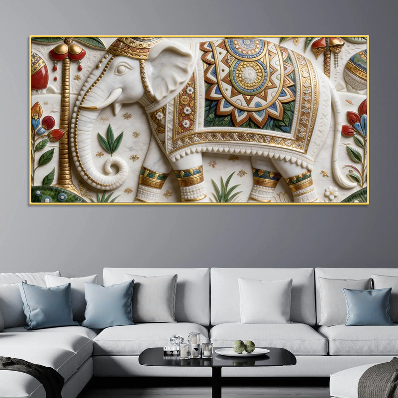 Royal White Elephant with Colorful Mandala 3D Canvas Wall Painting