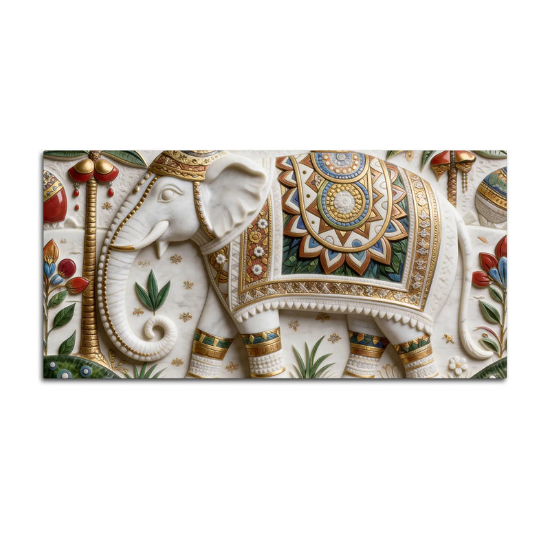 Royal White Elephant with Colorful Mandala 3D Canvas Wall Painting