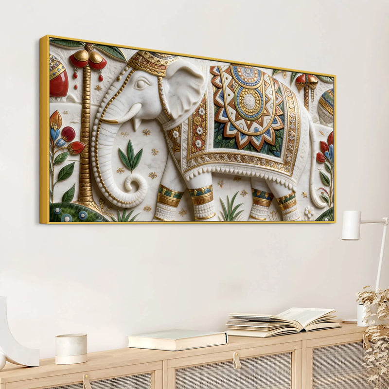 Royal White Elephant with Colorful Mandala 3D Canvas Wall Painting