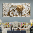 Royal White Elephant with Golden Floral Saddle 3D Canvas Wall Painting