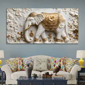 Royal White Elephant with Golden Floral Saddle 3D Canvas Wall Painting