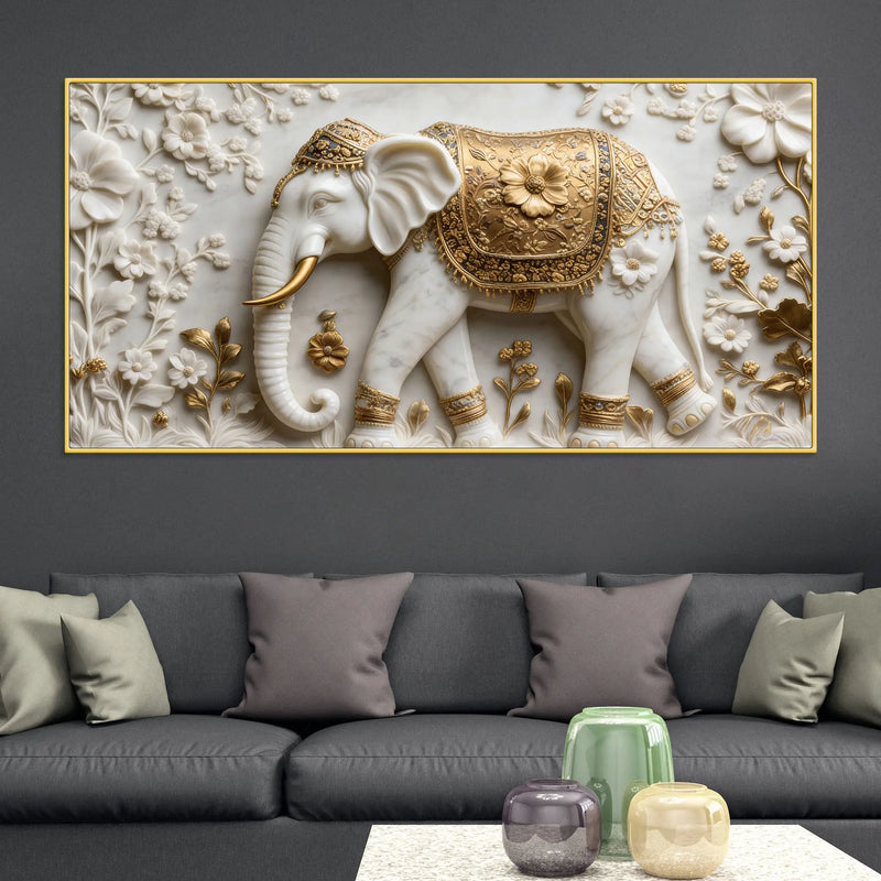 Royal White Elephant with Golden Floral Saddle 3D Canvas Wall Painting