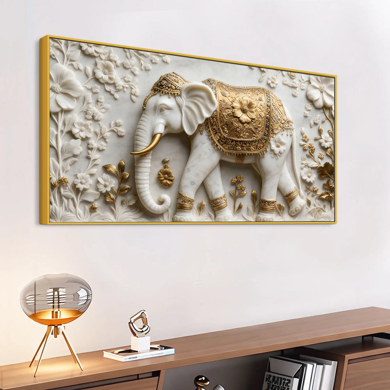 Royal White Elephant with Golden Floral Saddle 3D Canvas Wall Painting