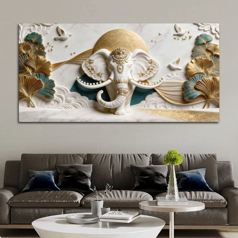 Royal White Elephant with Golden Ginkgo Leaves 3D Canvas Wall Painting