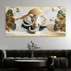Royal White Elephant with Golden Ginkgo Leaves 3D Canvas Wall Painting