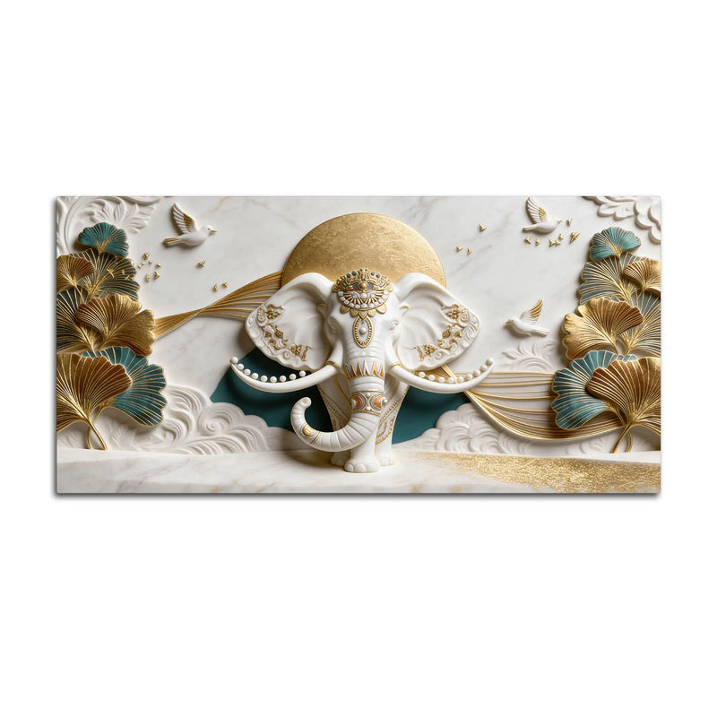 Royal White Elephant with Golden Ginkgo Leaves 3D Canvas Wall Painting