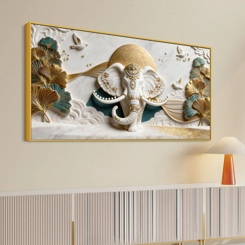 Royal White Elephant with Golden Ginkgo Leaves 3D Canvas Wall Painting