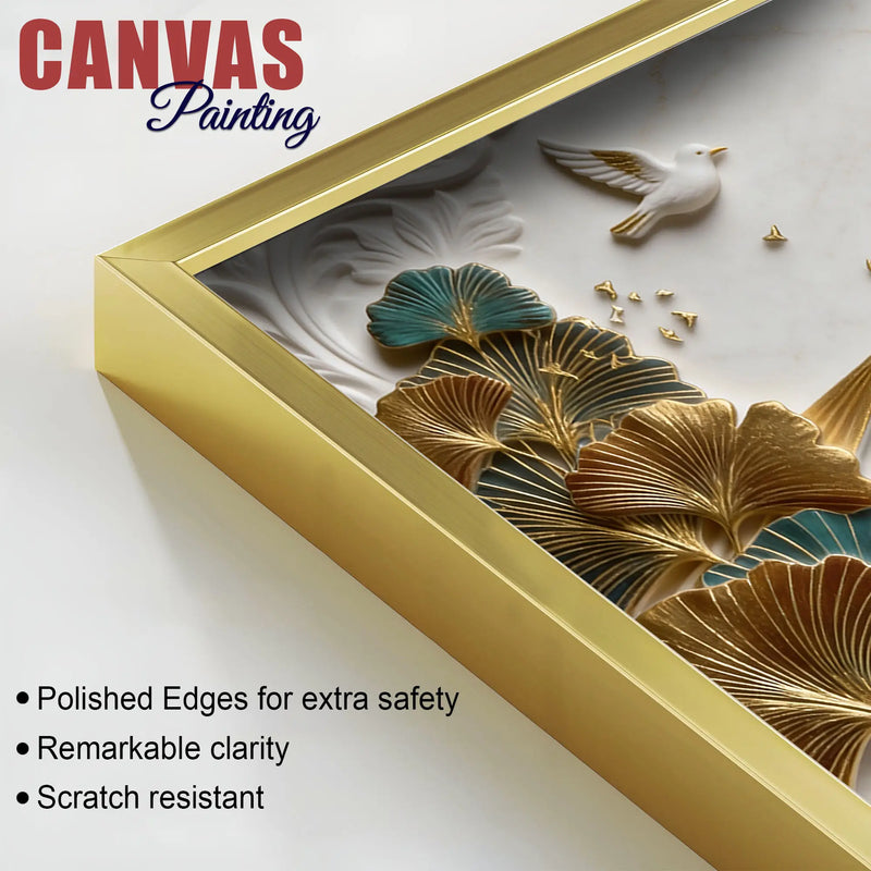 Royal White Elephant with Golden Ginkgo Leaves 3D Canvas Wall Painting