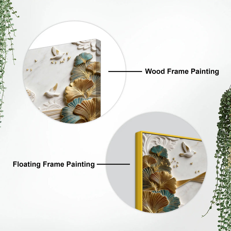 Royal White Elephant with Golden Ginkgo Leaves 3D Canvas Wall Painting
