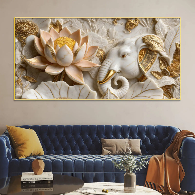 Royal White Elephant with Golden Lotus 3D Canvas Wall Painting