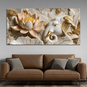 Royal White Elephant with Golden Lotus 3D Canvas Wall Painting