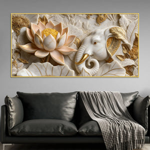 Royal White Elephant with Golden Lotus 3D Canvas Wall Painting