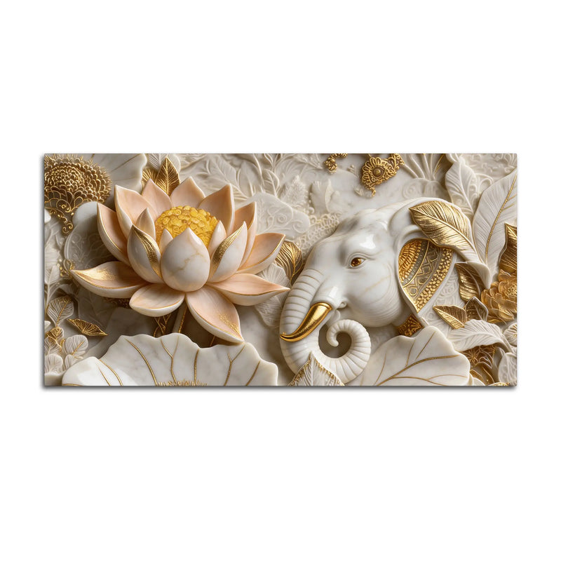 Royal White Elephant with Golden Lotus 3D Canvas Wall Painting