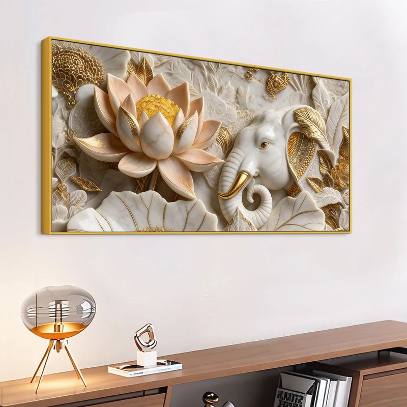 Royal White Elephant with Golden Lotus 3D Canvas Wall Painting