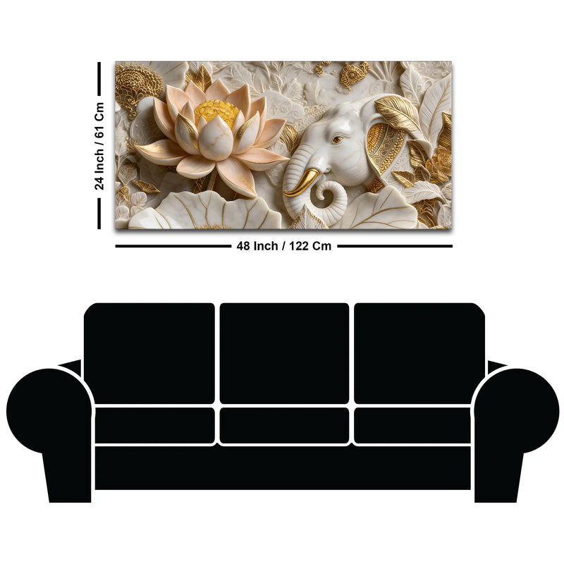 Royal White Elephant with Golden Lotus 3D Canvas Wall Painting