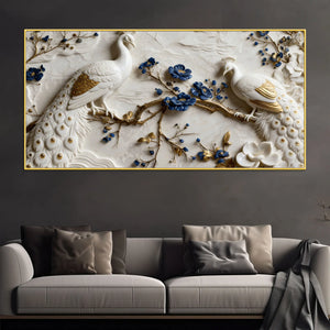 Royal White & Golden Peacock Pair on Blooming Blue Branch 3D Canvas Wall Painting