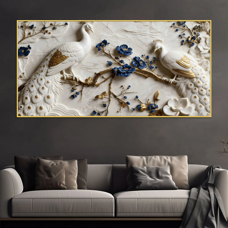 Royal White & Golden Peacock Pair on Blooming Blue Branch 3D Canvas Wall Painting