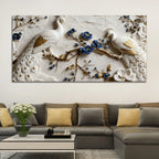 Royal White & Golden Peacock Pair on Blooming Blue Branch 3D Canvas Wall Painting