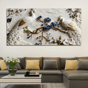 Royal White & Golden Peacock Pair on Blooming Blue Branch 3D Canvas Wall Painting