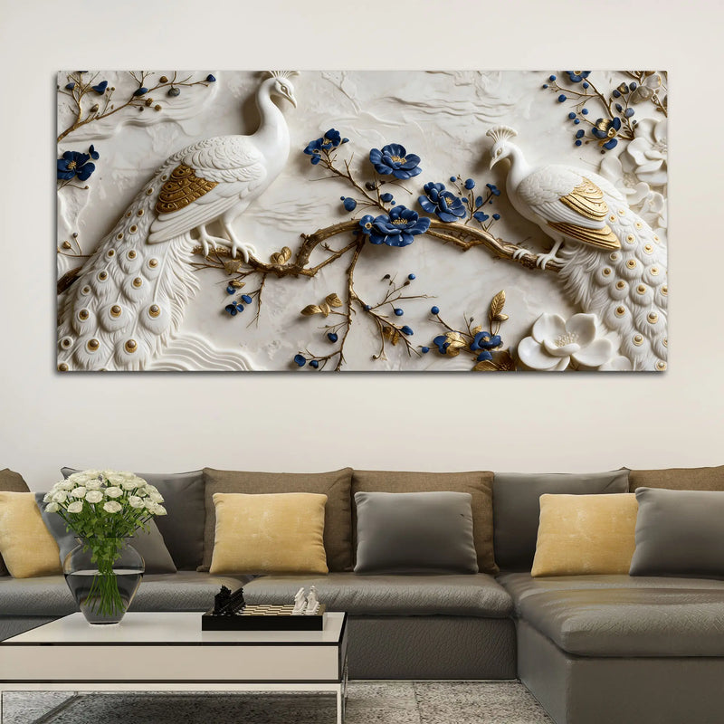 Royal White & Golden Peacock Pair on Blooming Blue Branch 3D Canvas Wall Painting