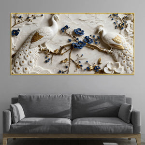 Royal White & Golden Peacock Pair on Blooming Blue Branch 3D Canvas Wall Painting