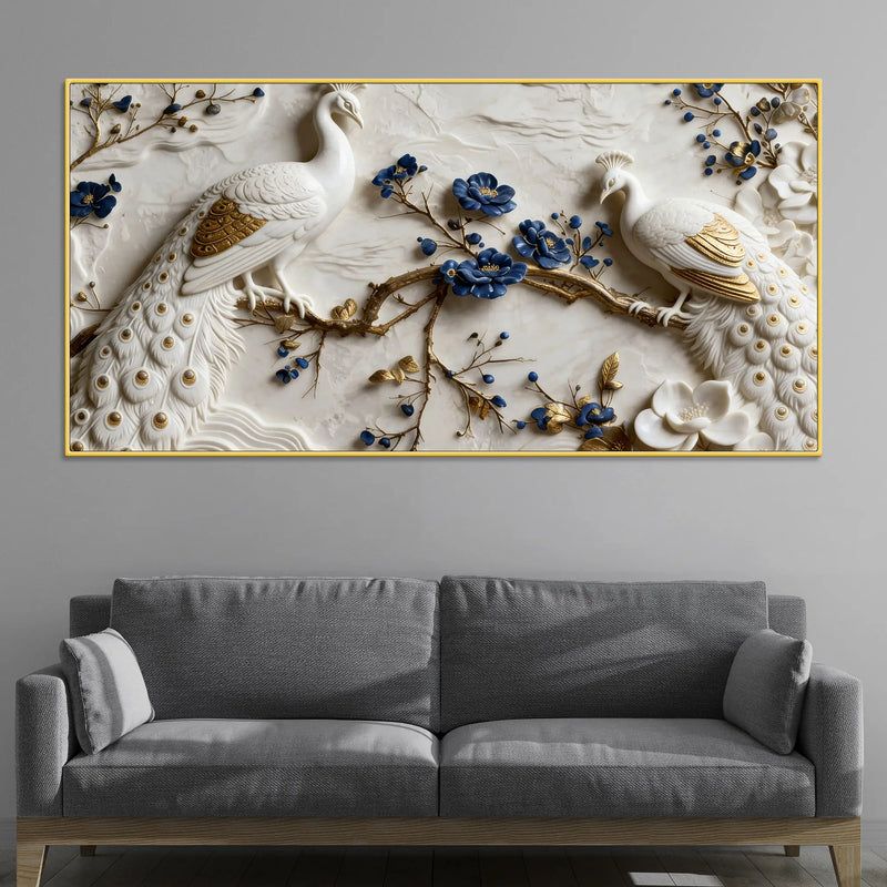 Royal White & Golden Peacock Pair on Blooming Blue Branch 3D Canvas Wall Painting