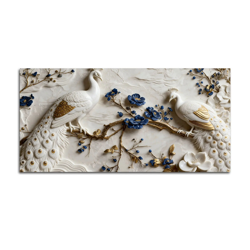 Royal White & Golden Peacock Pair on Blooming Blue Branch 3D Canvas Wall Painting