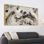 Royal White & Golden Peacock Pair on Blooming Blue Branch 3D Canvas Wall Painting