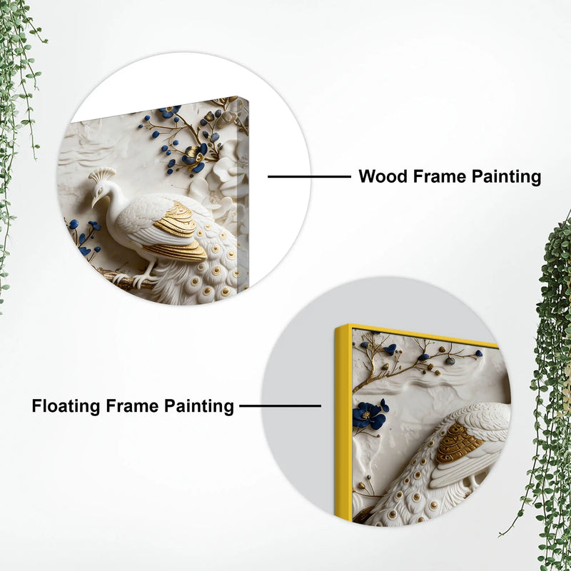 Royal White & Golden Peacock Pair on Blooming Blue Branch 3D Canvas Wall Painting