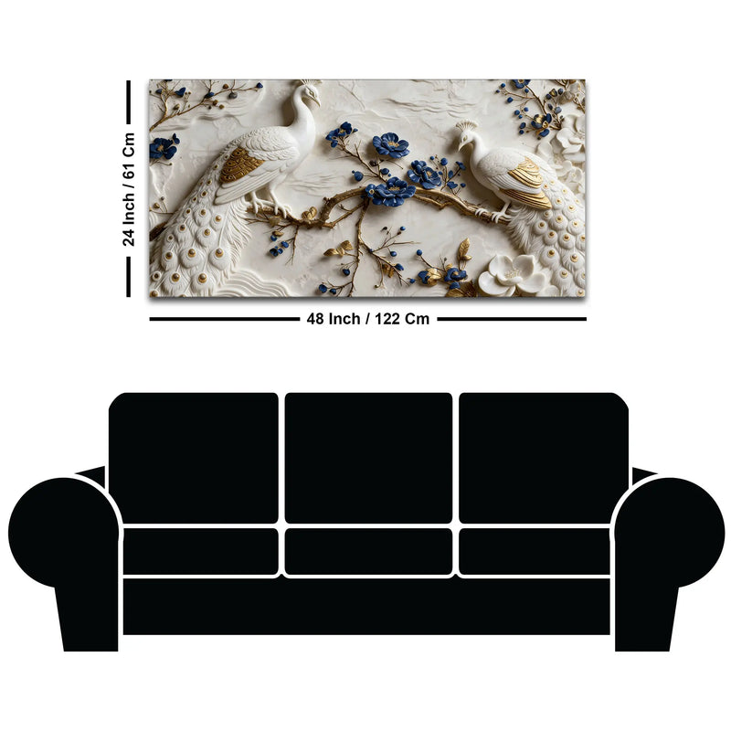 Royal White & Golden Peacock Pair on Blooming Blue Branch 3D Canvas Wall Painting