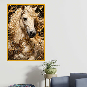 Royal White Horse Floating Frame Crystal Wall Painting