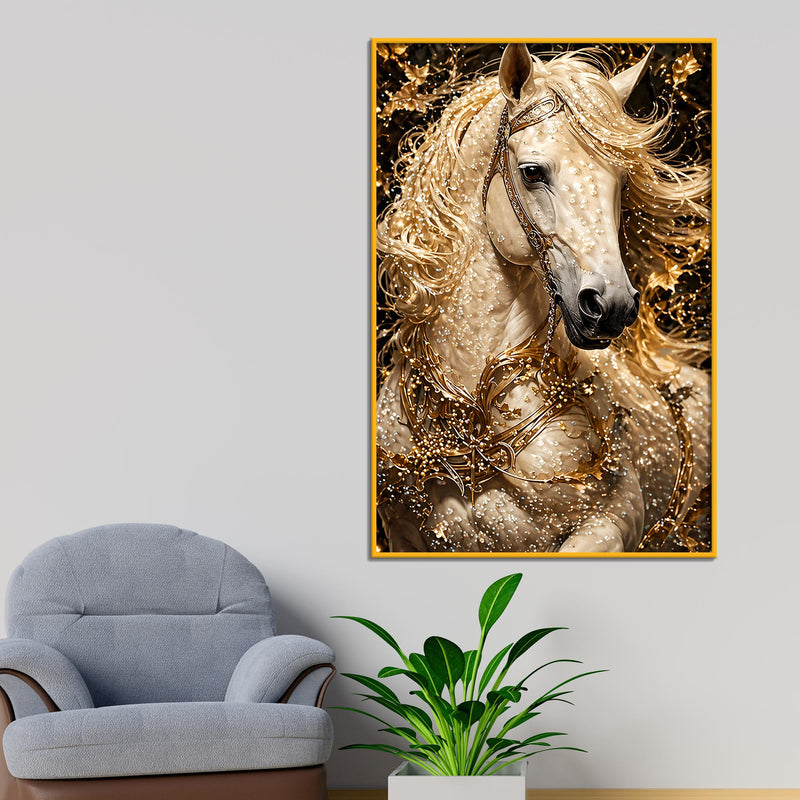 Royal White Horse Floating Frame Crystal Wall Painting