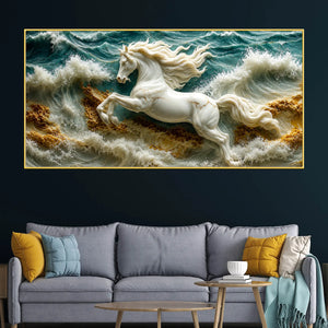 Royal White Horse Riding the Ocean Tide 3D Canvas Wall Painting
