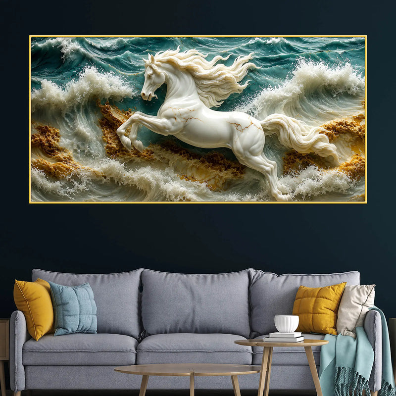 Royal White Horse Riding the Ocean Tide 3D Canvas Wall Painting