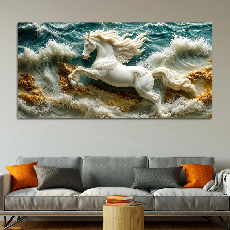 Royal White Horse Riding the Ocean Tide 3D Canvas Wall Painting