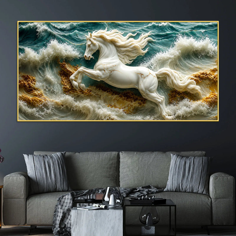 Royal White Horse Riding the Ocean Tide 3D Canvas Wall Painting